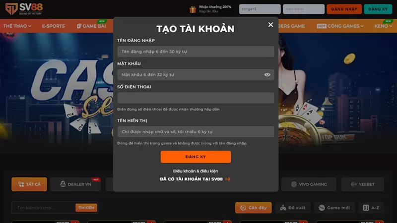 Đăng ký tài khoản SV88 nhanh chóng để tham gia đặt cược Đăng ký tài khoản SV88 nhanh chóng để tham gia đặt cược