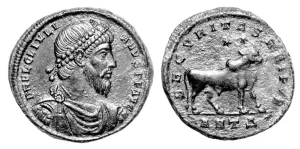 A Roman coin with a portrait of Julian. Antioch mint.